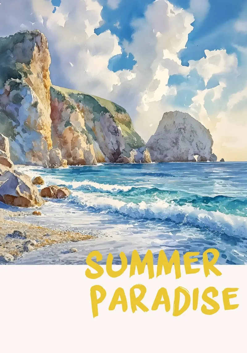 Poster da spiaggia "Summer Paradise", acquerello costiero tela con Cornice a cassetta da dawnthesea