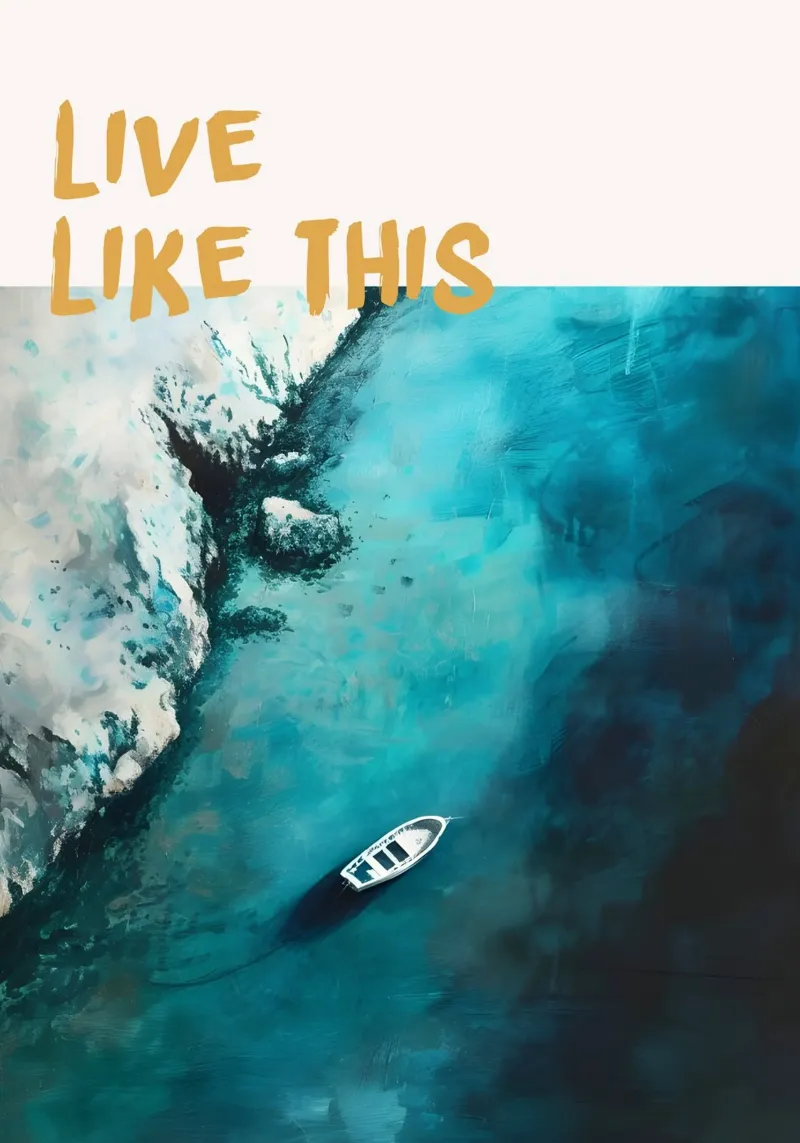 Poster astratto costiero sull'oceano "Live Like This" (Vivere così) poster con telaio in plastica da dawnthesea