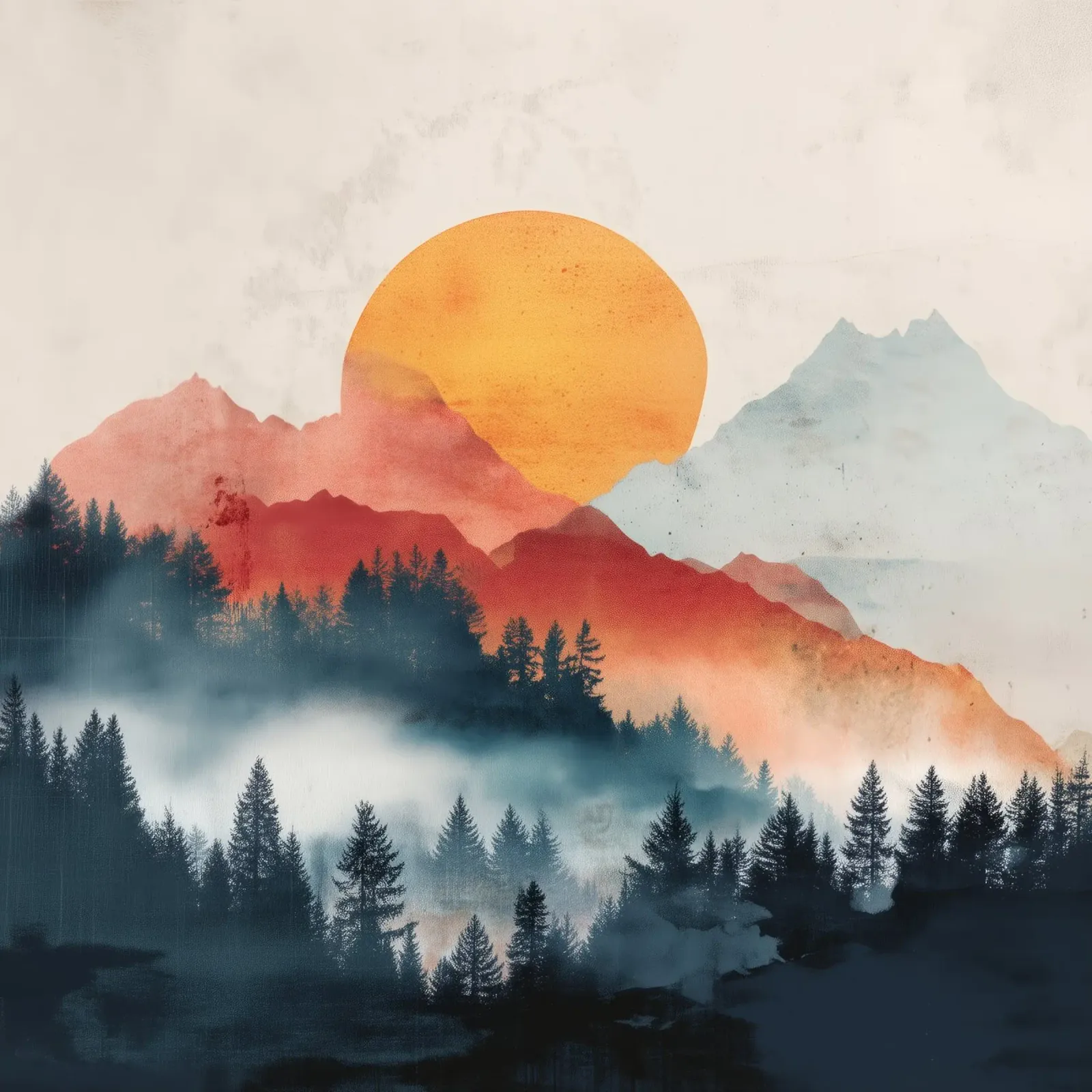 Mountain Ember - A Sun Rises Through Smoky Pines Poster von Dune