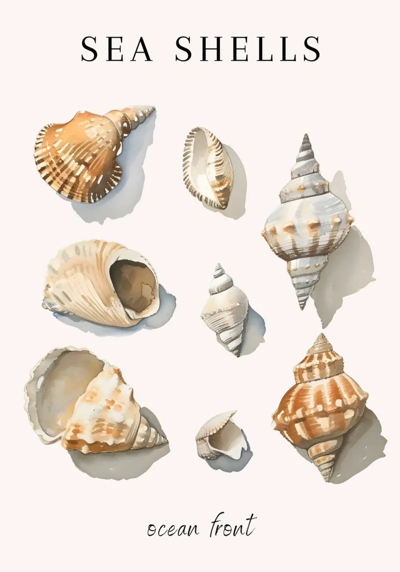 "Conchiglie di mare davanti all'oceano", acquerello neutro poster con telaio in plastica da dawnthesea