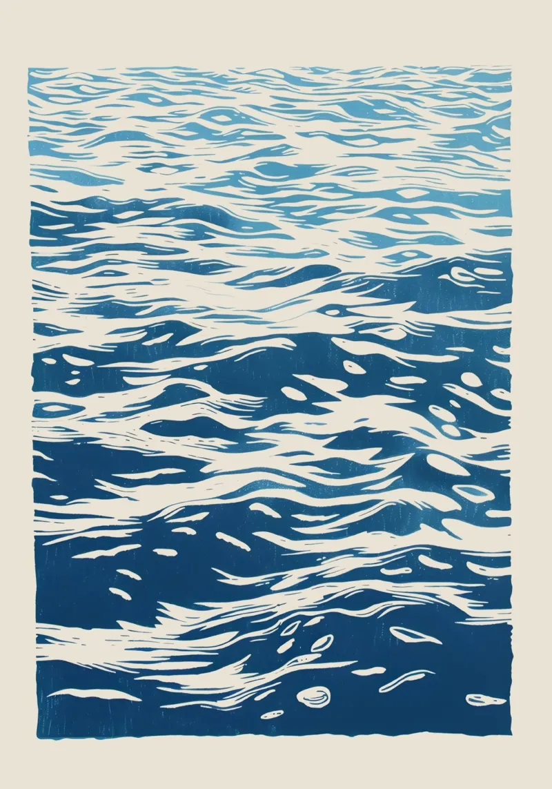 Abstracte Oceaan Golven Blauw Linosnede Kunst Poster canvas met Baklijst van dawnthesea