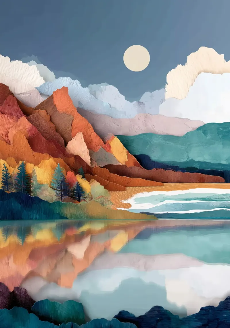 Painted Peaks - Reflections Across a Tranquil Lake poster con telaio in legno da Dune