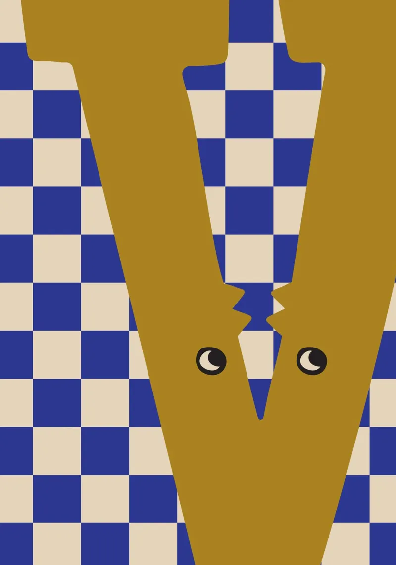 Divertente mostro lettera V con sfondo a scacchiera poster da ALLÉE DE PAPIER