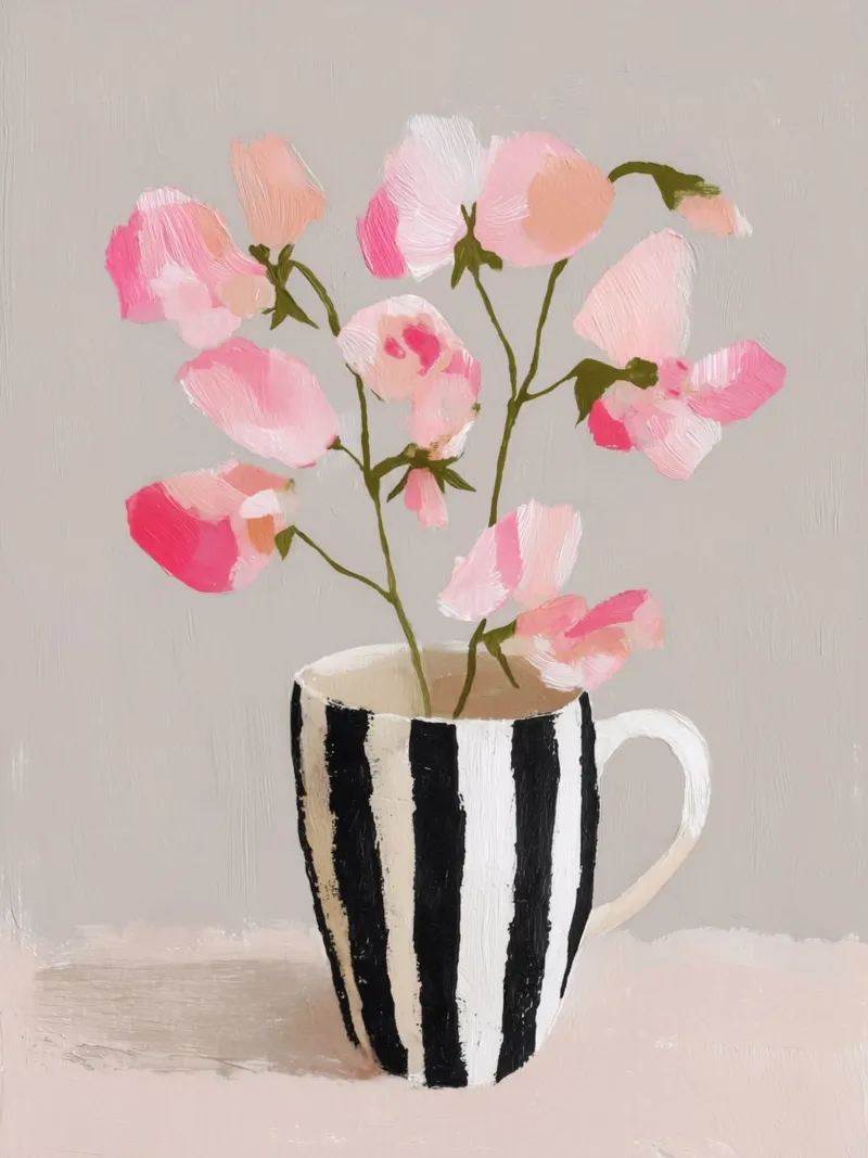 Tazza a righe con fiori rosa poster da Carinaprint