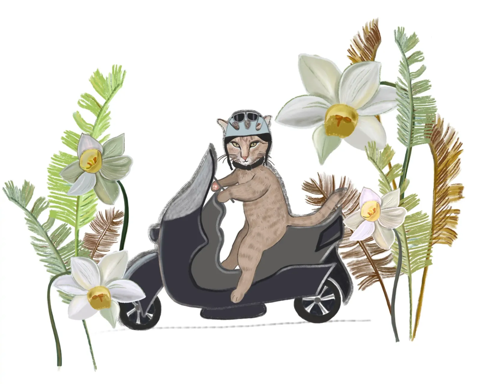 Gatto motociclista con foresta tropicale poster con telaio in legno da gulsengunel