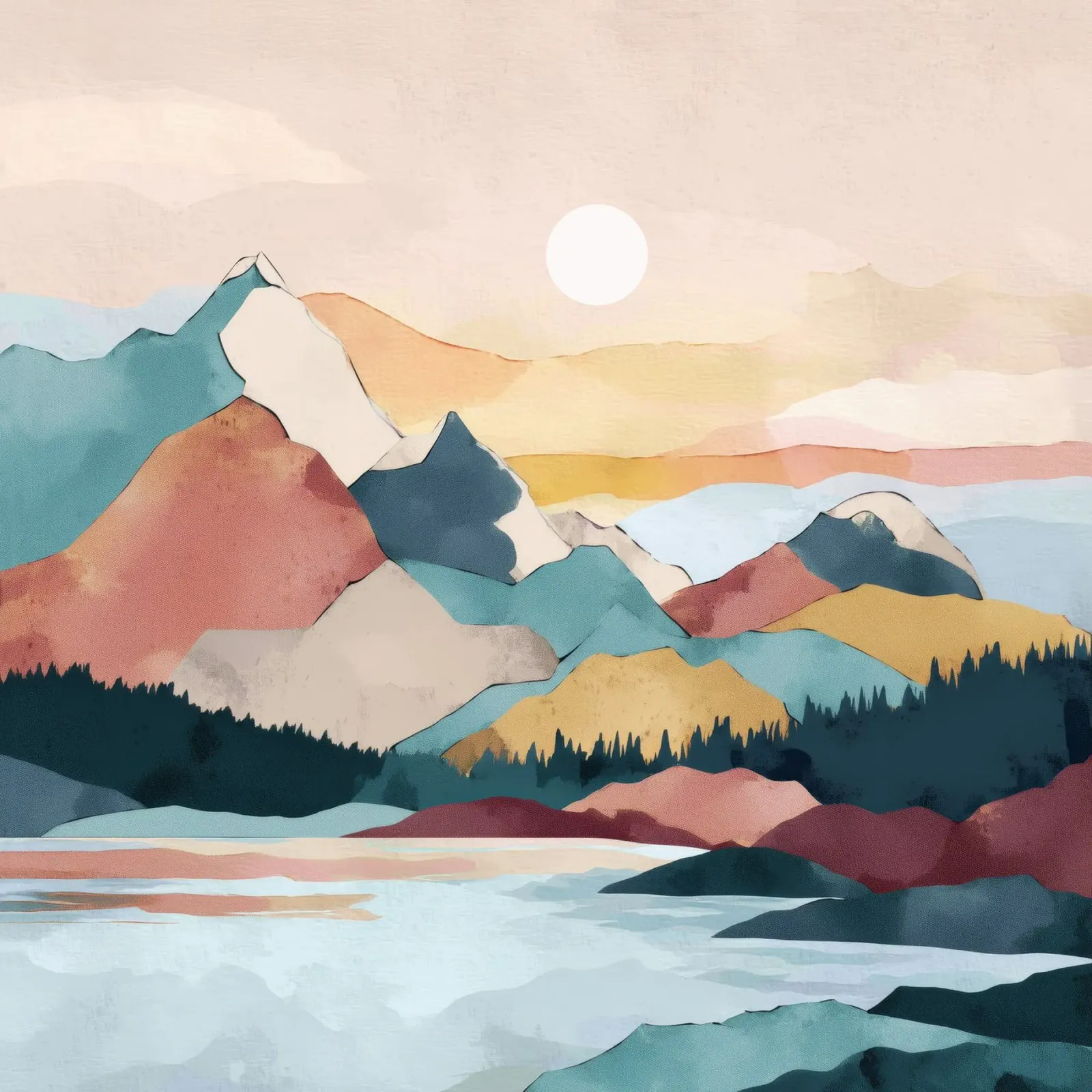 Abstract Mountain Landscape Print - Colorful Lake and Sunset pellicola backlit da Dune