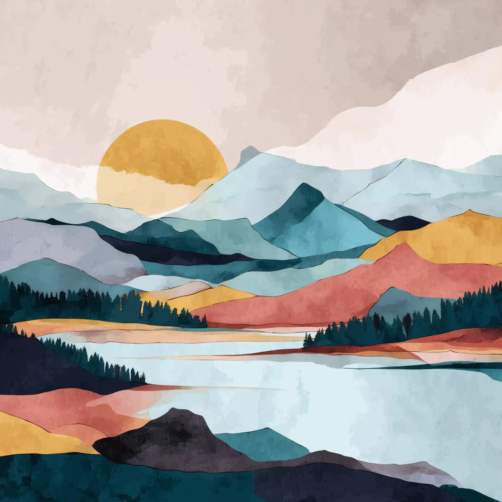 Abstract Mountain Landscape - Colorful Geometric Design poster con telaio in legno da Dune