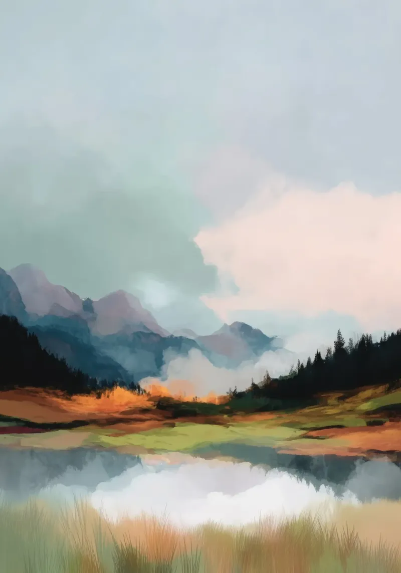 Alpine Painting - Tranquil Mountains and Soft Autumn Colors poster da Dune