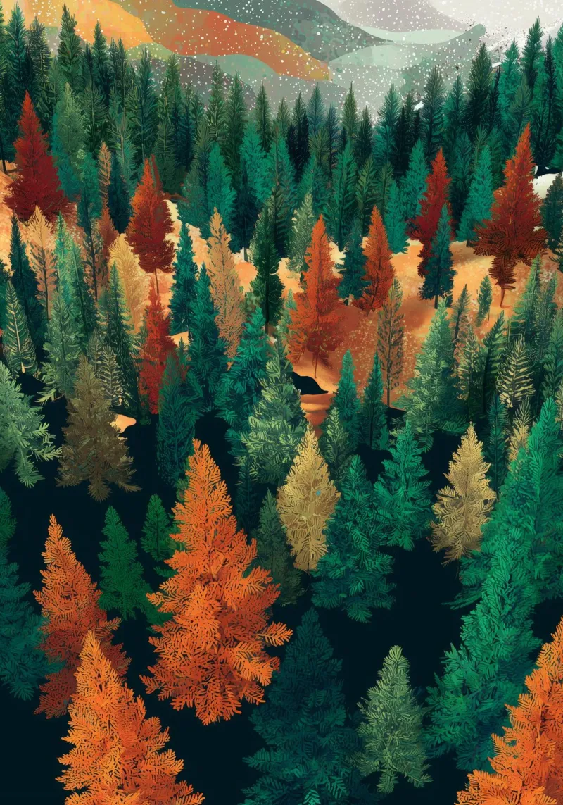 Colorful Pine Tree Wall Art - Fall and Winter Nature Scene poster con telaio in legno da Dune