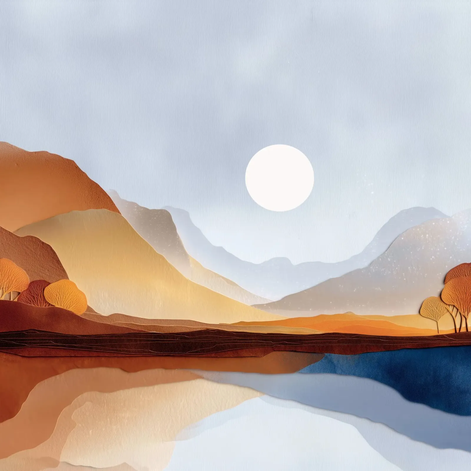 Minimalist Landscape – Warm Hills and Mountain Reflections poster con telaio in legno da Dune