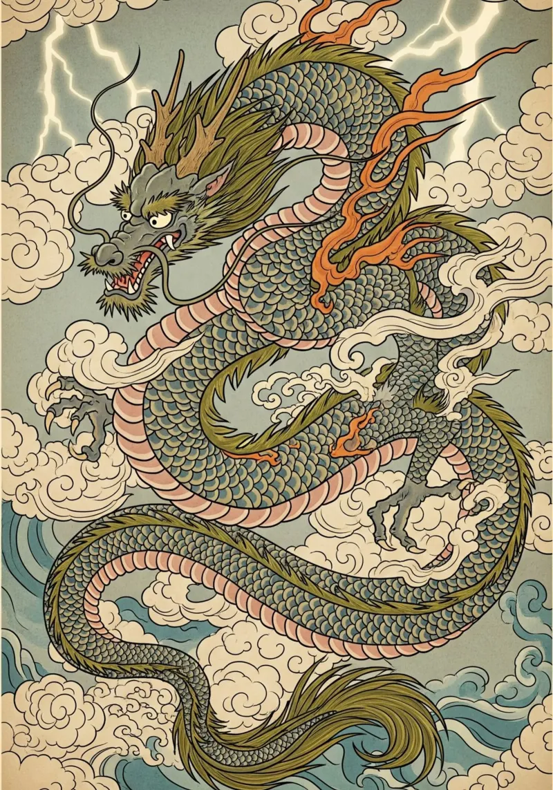 Drago in stile vintage giapponese poster con telaio in legno da Lembayung art
