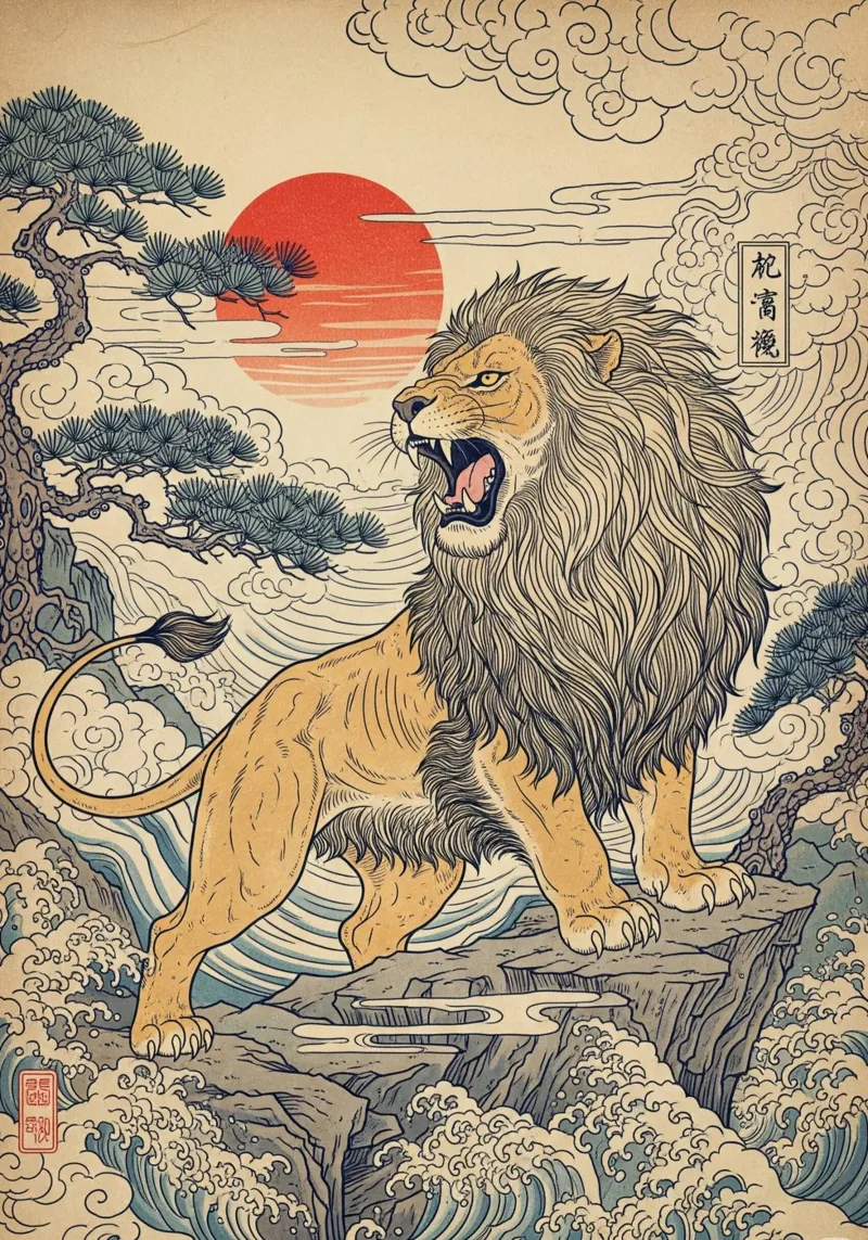 Lion - Japanese vintage style acrylic glass by Lembayung art