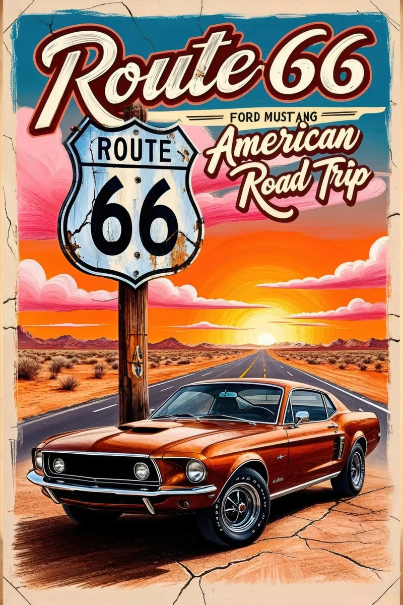 Ford Mustang Route 66 Poste Viaggio in auto d'epoca poster da Hollyhully