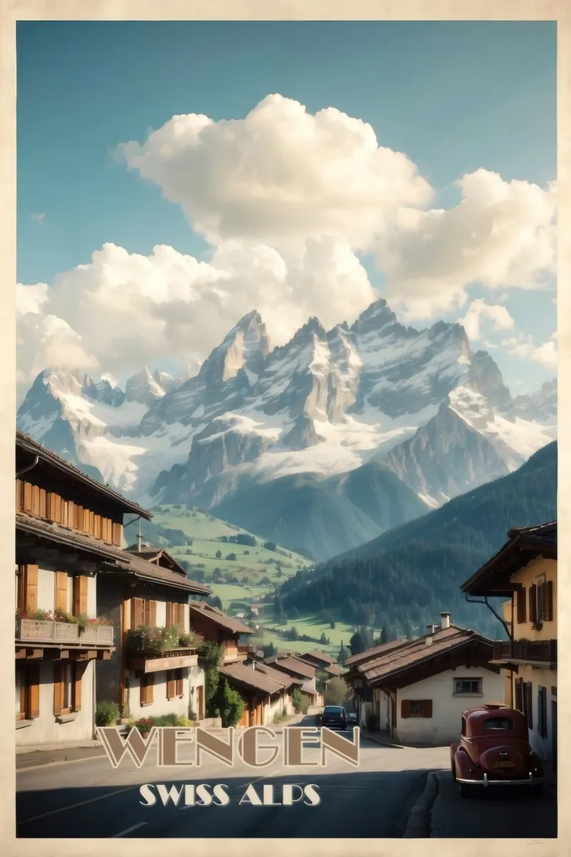 Poster di viaggio d'epoca Wengen - Alpi svizzere pellicola backlit da Hollyhully
