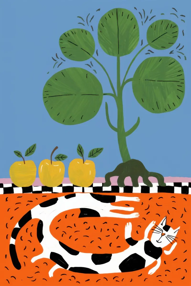 Gatto che sonnecchia sotto una pianta poster con telaio in alluminio da Selene Shade