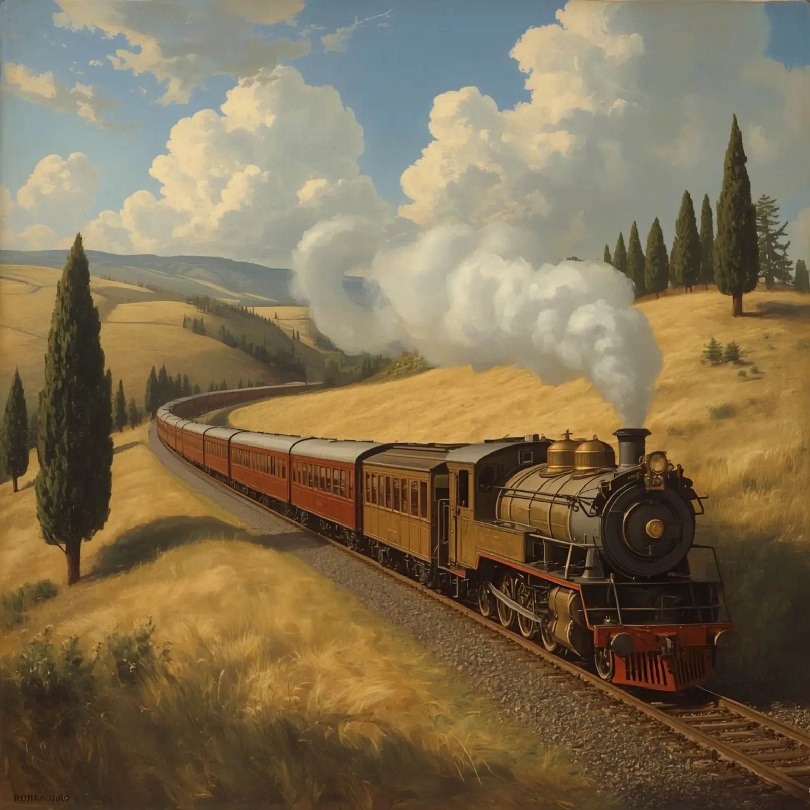 Train à vapeur sur des rails dans un paysage vallonné poster de DesignDoodle