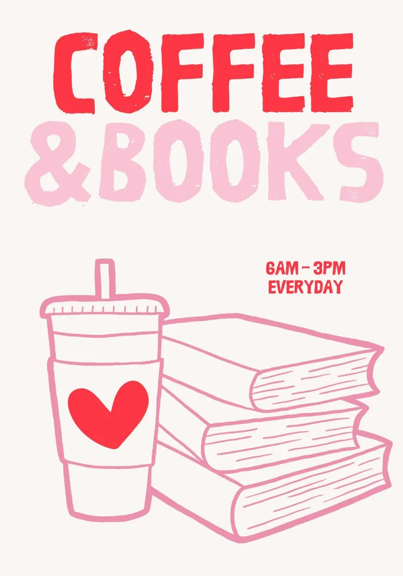 Illustrazione stravagante di caffè e libri in rosa e rosso poster con telaio in legno da The Art Club