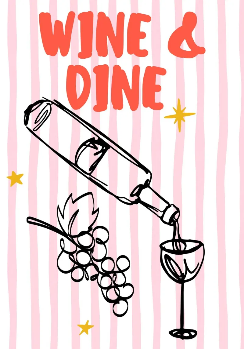 Illustrazione audace di vino e cena con strisce rosa e uva pannello forex da The Art Club