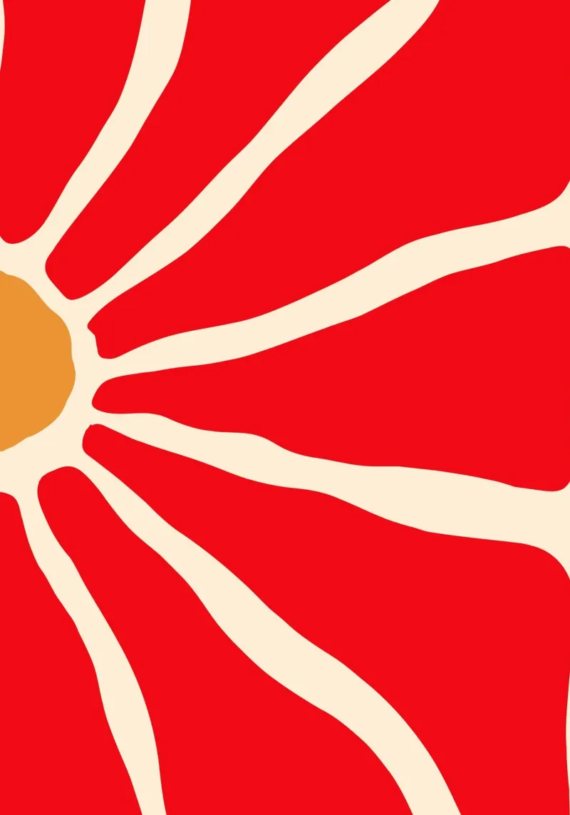 Audace fiore astratto in rosso e arancione con linee organiche poster con telaio in alluminio da The Art Club
