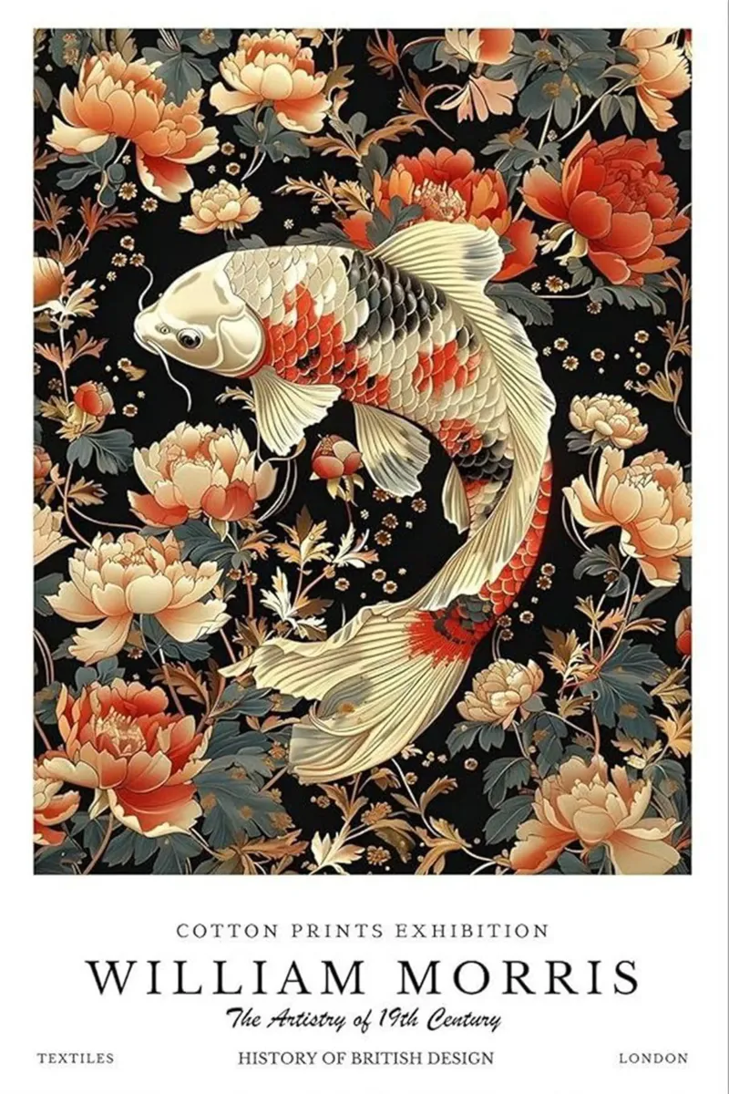 pesce koi circondato da fiori poster con telaio in plastica da Ropech Shop