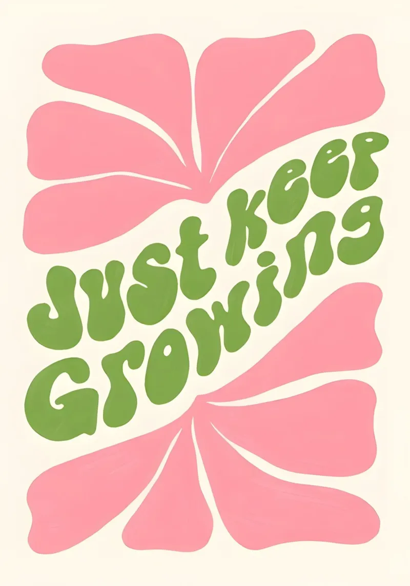 Stampa retro Bloom "Just Keep Growing" - Arte rosa e verde plexiglass da homdeco