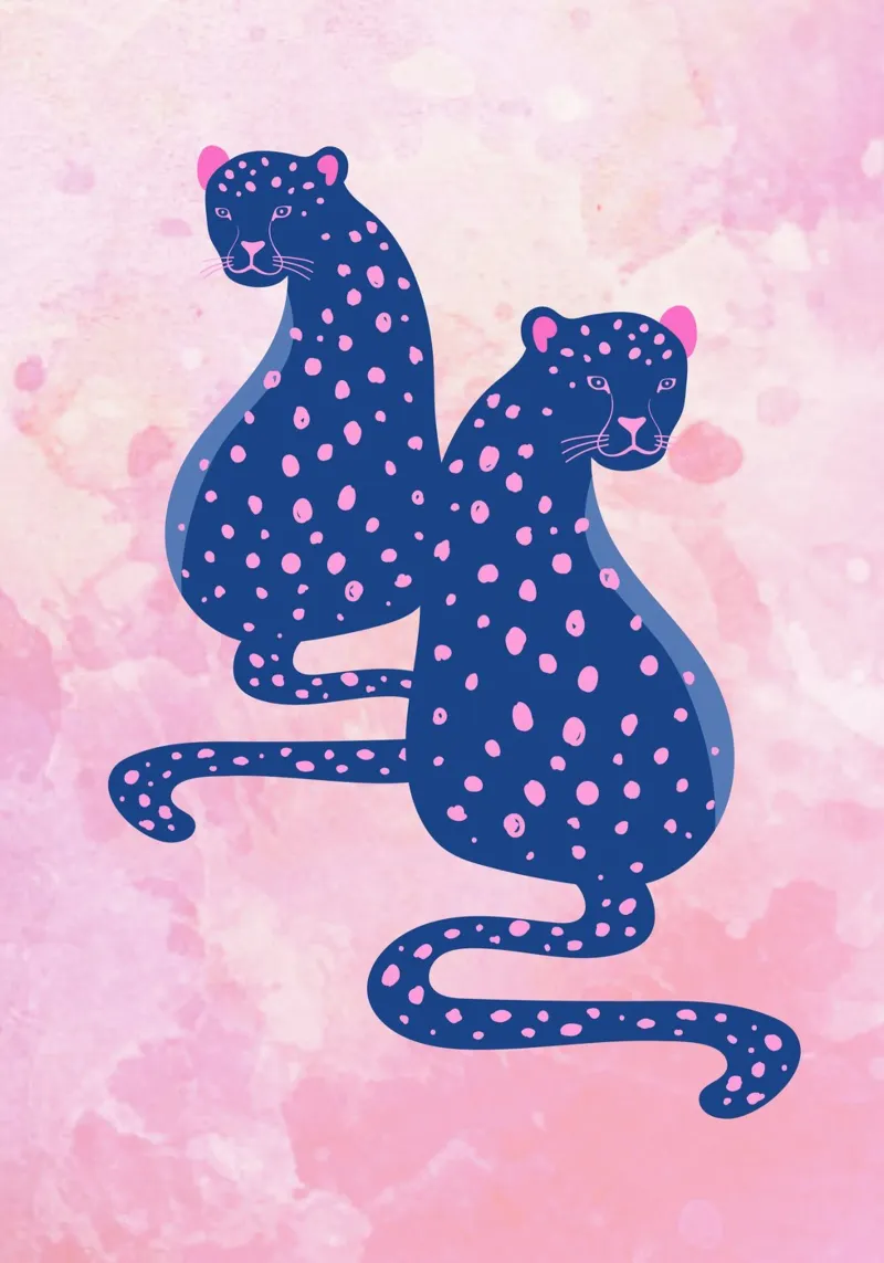 Blauer Leopard Duo - Rosa & Blau Abstrakter Kunstdruck Leinwand mit Schattenfugenrahmen von homdeco