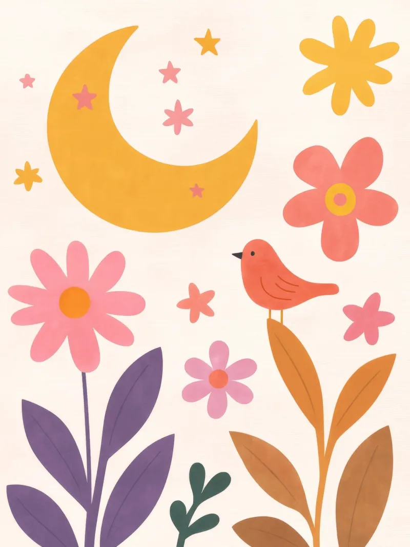 Uccello carino in Boho Moon Garden Vintage Botanical Floral Stars poster con telaio in legno da Gentle Echoes Art