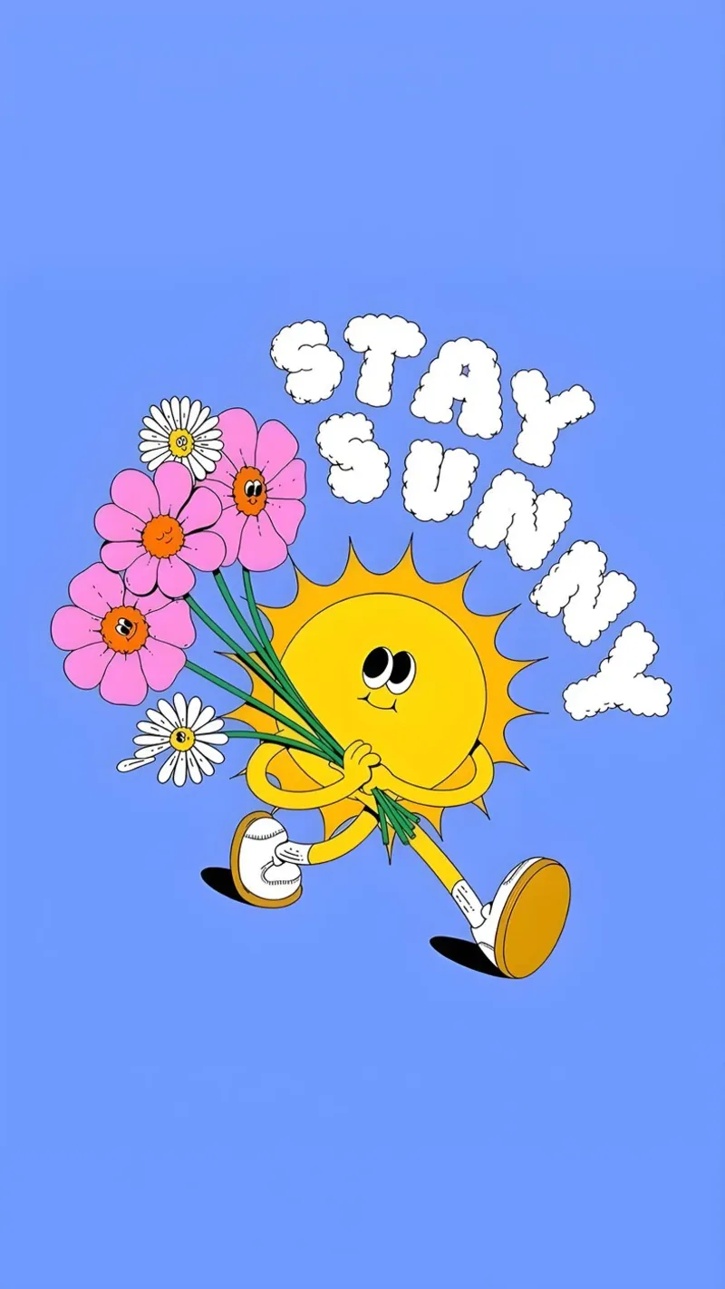 "Stay Sunny" Sole e fiori retrò - Stampa pop art poster con telaio in plastica da homdeco