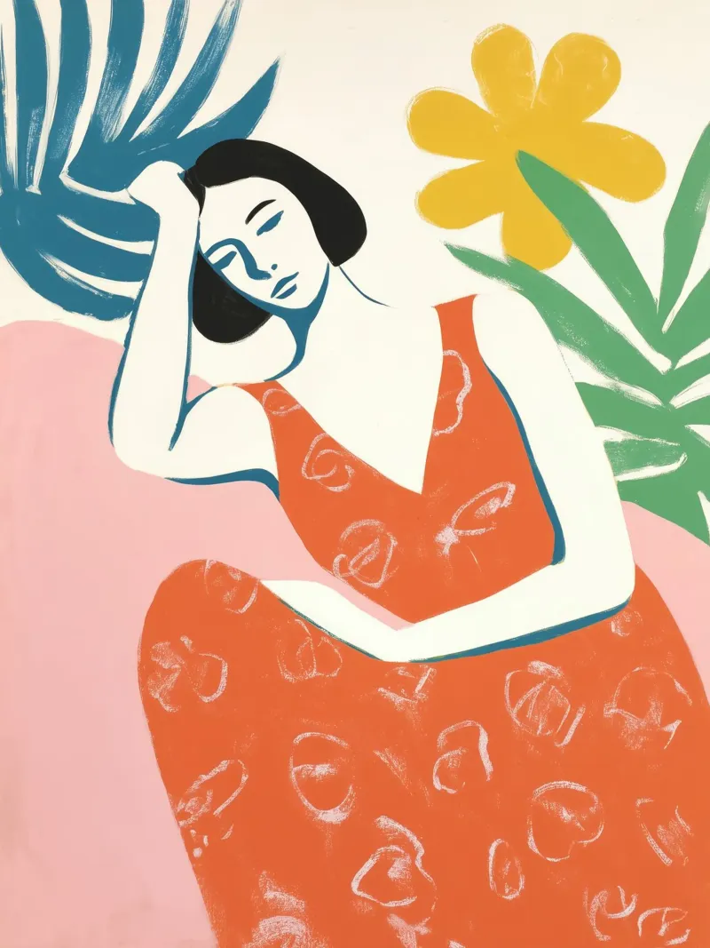 Femme pensive en robe rouge | Calme et détente alu dibond de Autofocus