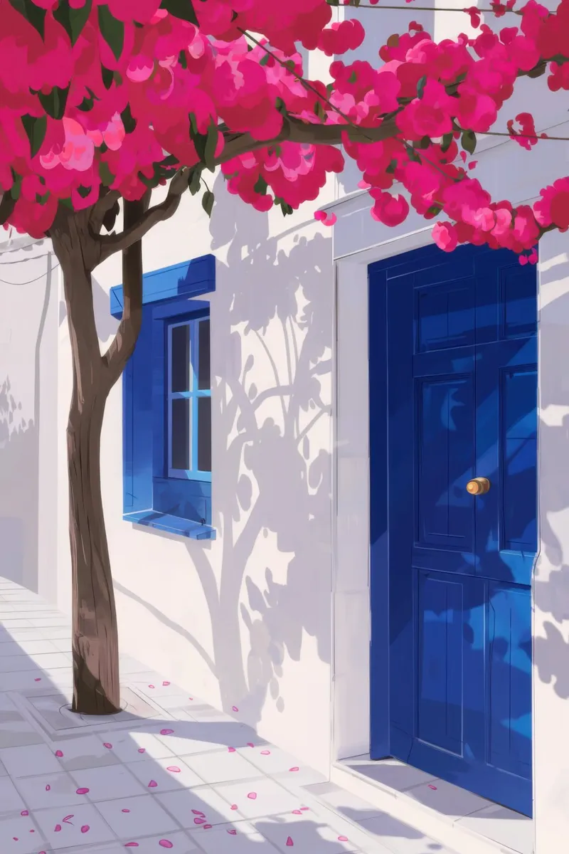 La porta blu di Santorini poster con telaio in alluminio da Thistle Bloom