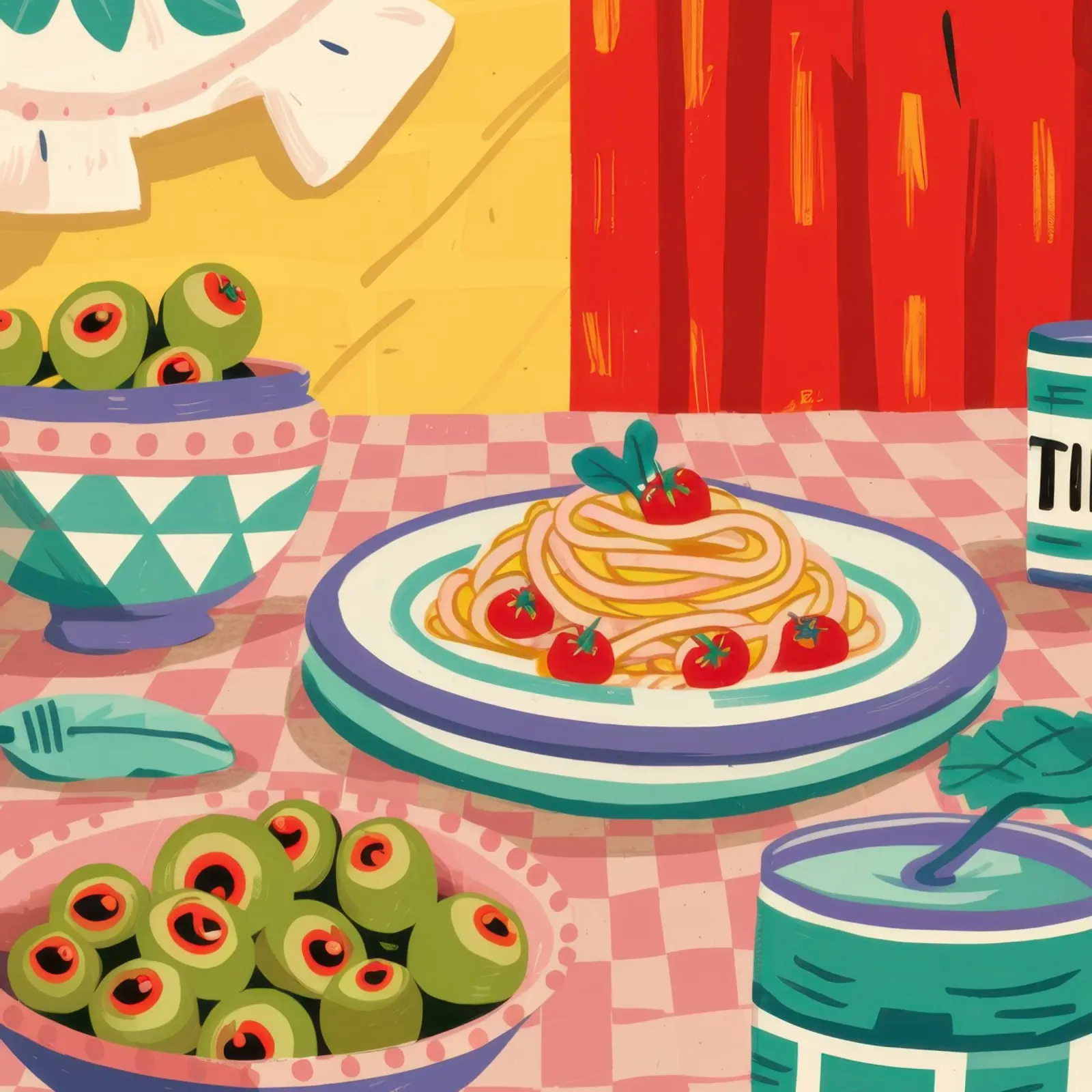 Pasta Feast Table canvas with Floater frame by Gaia Viesta