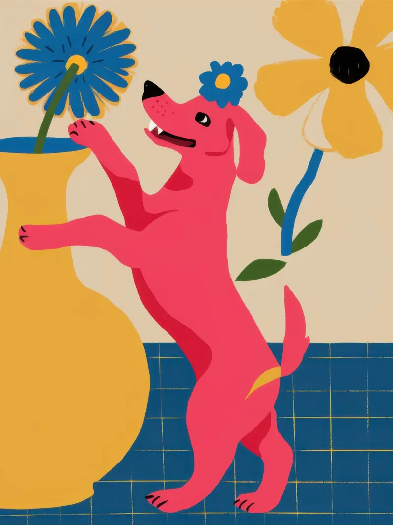 Cane rosa gioioso poster con telaio in alluminio da Irish Strokes