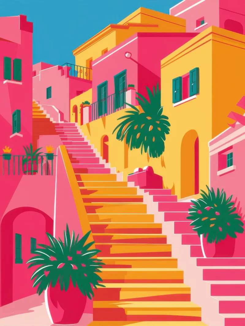 Scena vibrante della scala poster con telaio in legno da Gaia Viesta