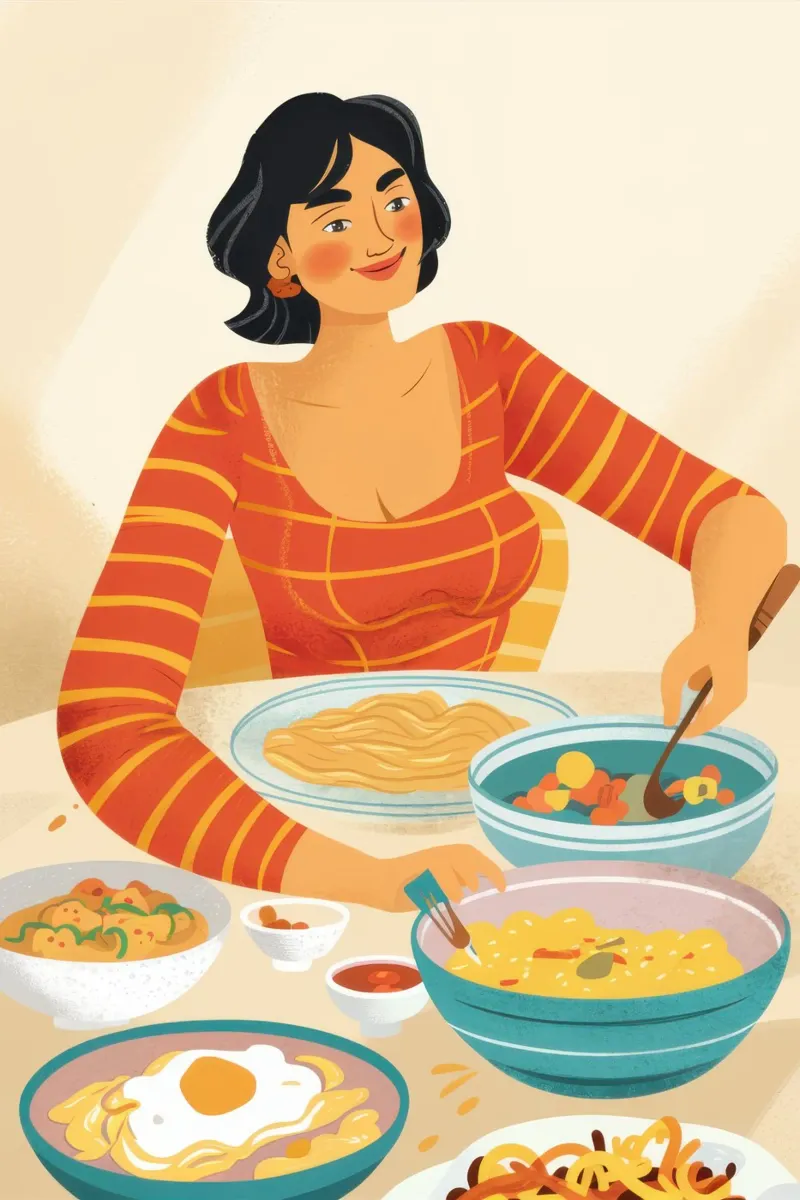 Mujer comiendo fideos lienzo con Marco flotante de Mark Solaria