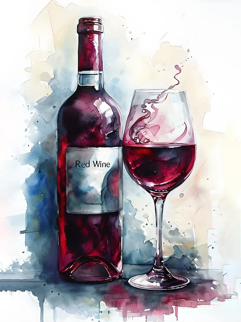 Bottiglia e bicchiere di vino rosso acquerellato poster con telaio in legno da 🎁 ARTVI-SHOP