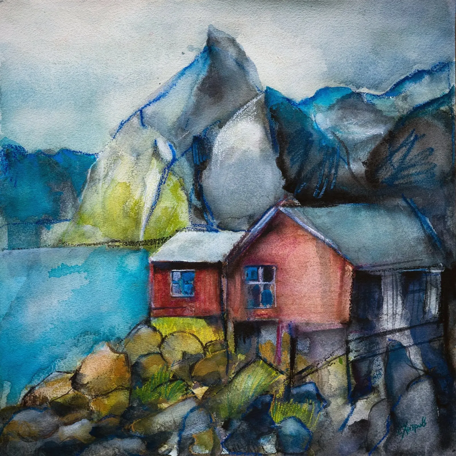 Cabins by the fjord poster con telaio in legno da Stoian Hitrov