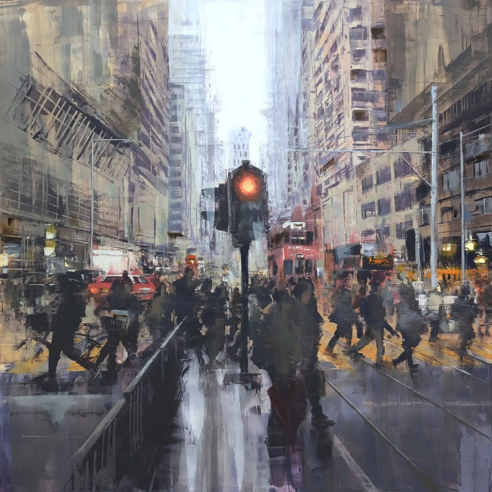 "HONG_KONG_25_01" Attraversamento pedonale davanti a una fermata del tram poster con telaio in alluminio da Eduard Warkentin Art