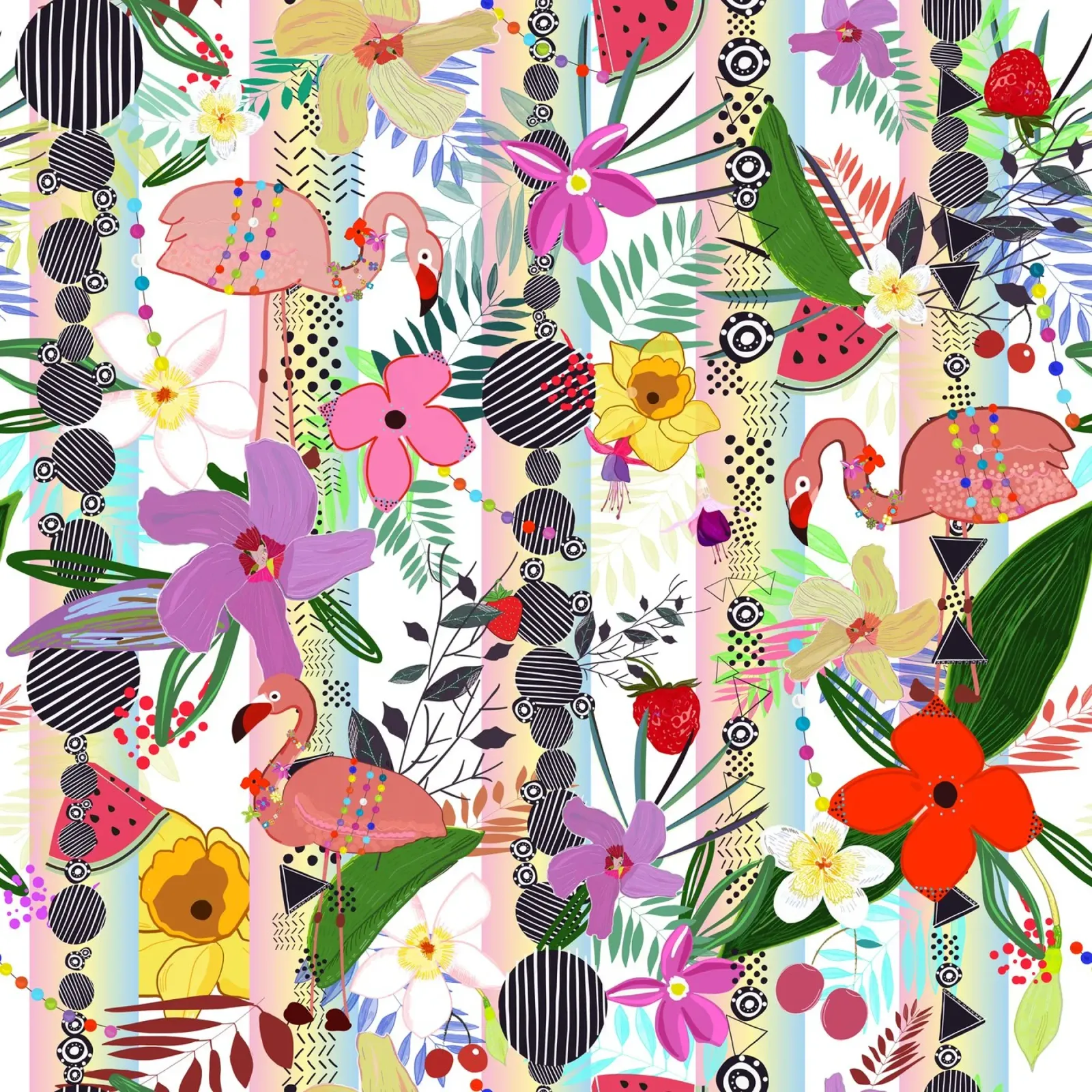 Tropical Flower, Flamingo and Exotic Flowers Pattern canvas with Floater frame by gulsengunel
