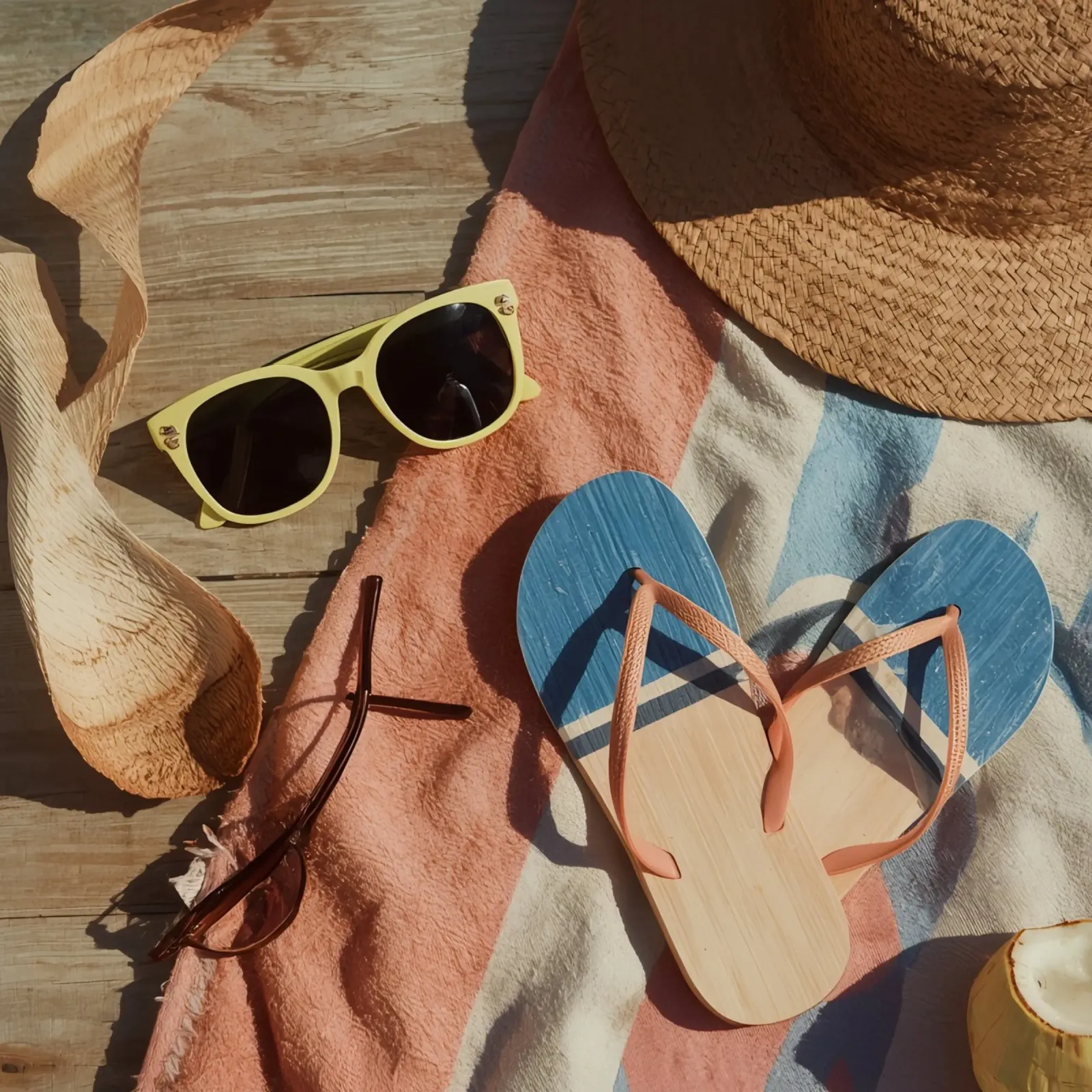 Accessori da spiaggia su asciugamano a righe e superficie in legno tela con Cornice a cassetta da DesignDoodle