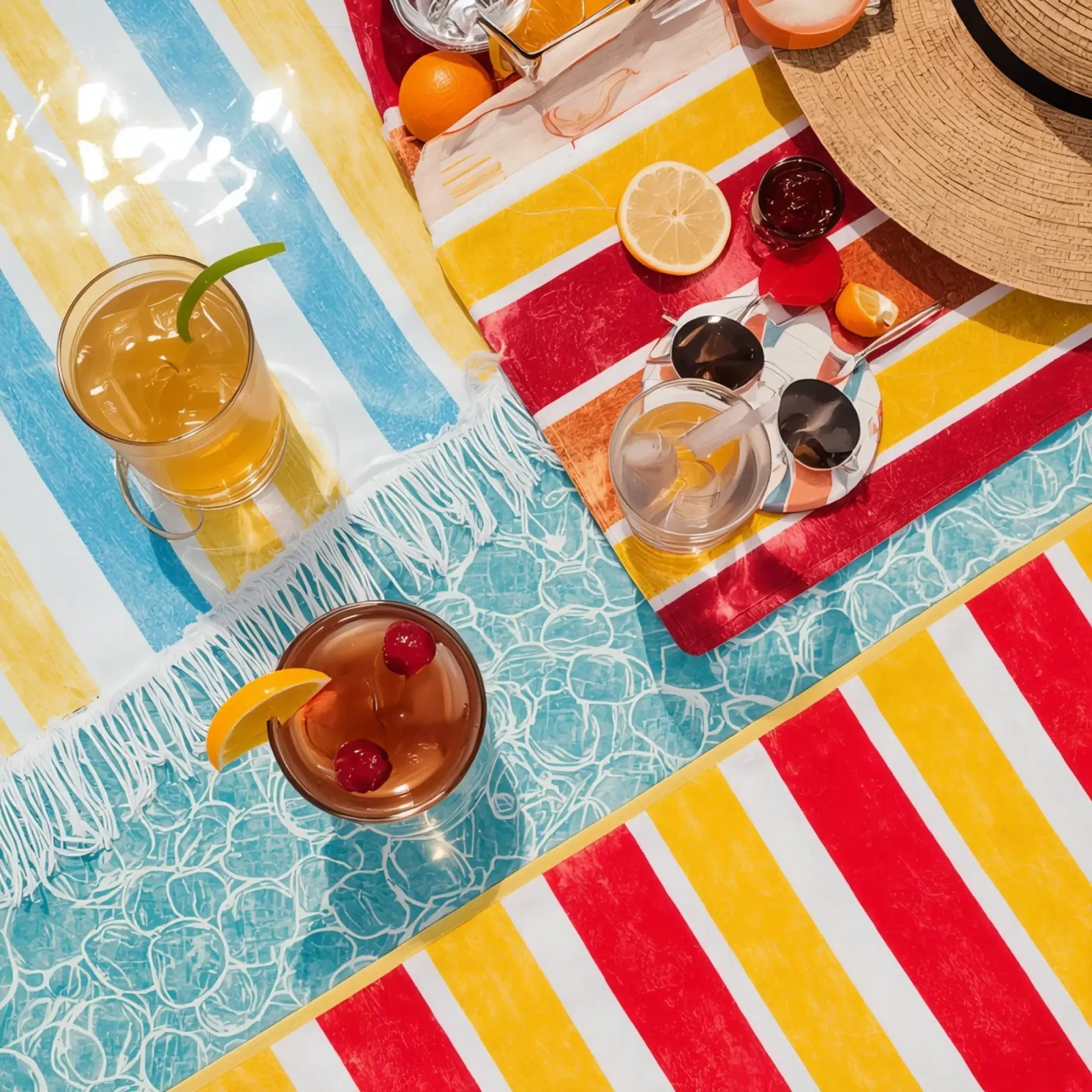 Beach Towels Drinks Fruit summer Accessories Overhead View canvas with Floater frame by DesignDoodle