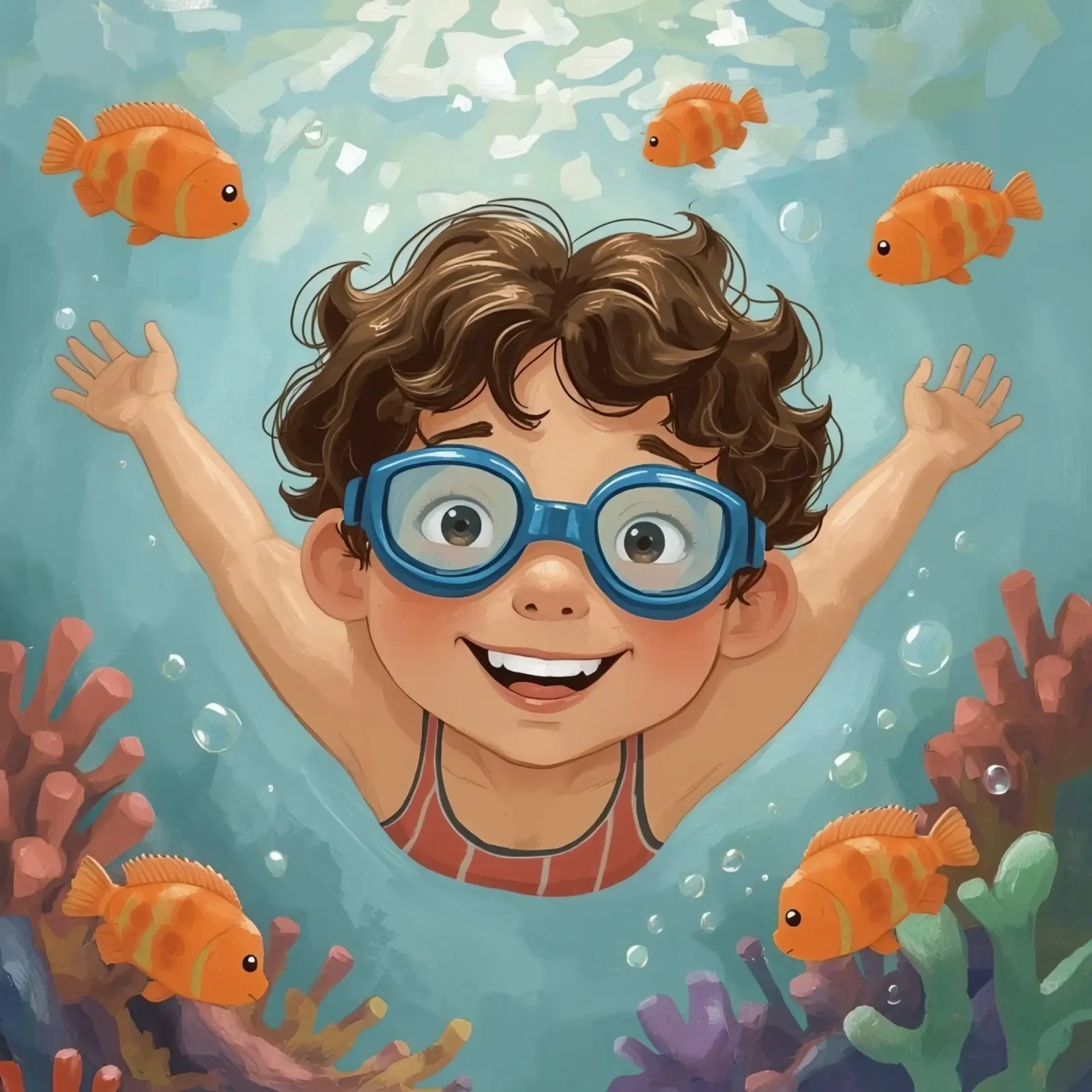 Ragazzo con occhiali che nuota sott'acqua con pesci e coralli poster con telaio in alluminio da DesignDoodle