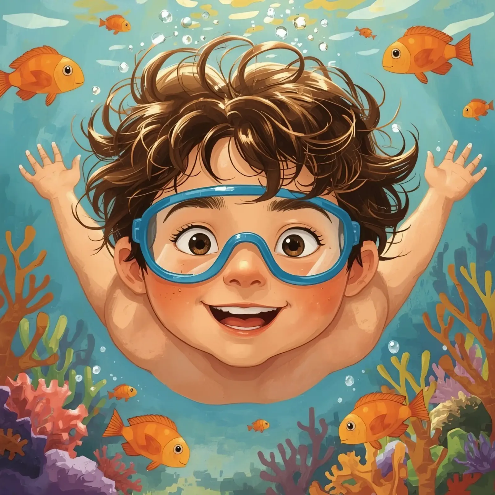 Ragazzo con occhiali che nuota sott'acqua con i pesci poster con telaio in alluminio da DesignDoodle