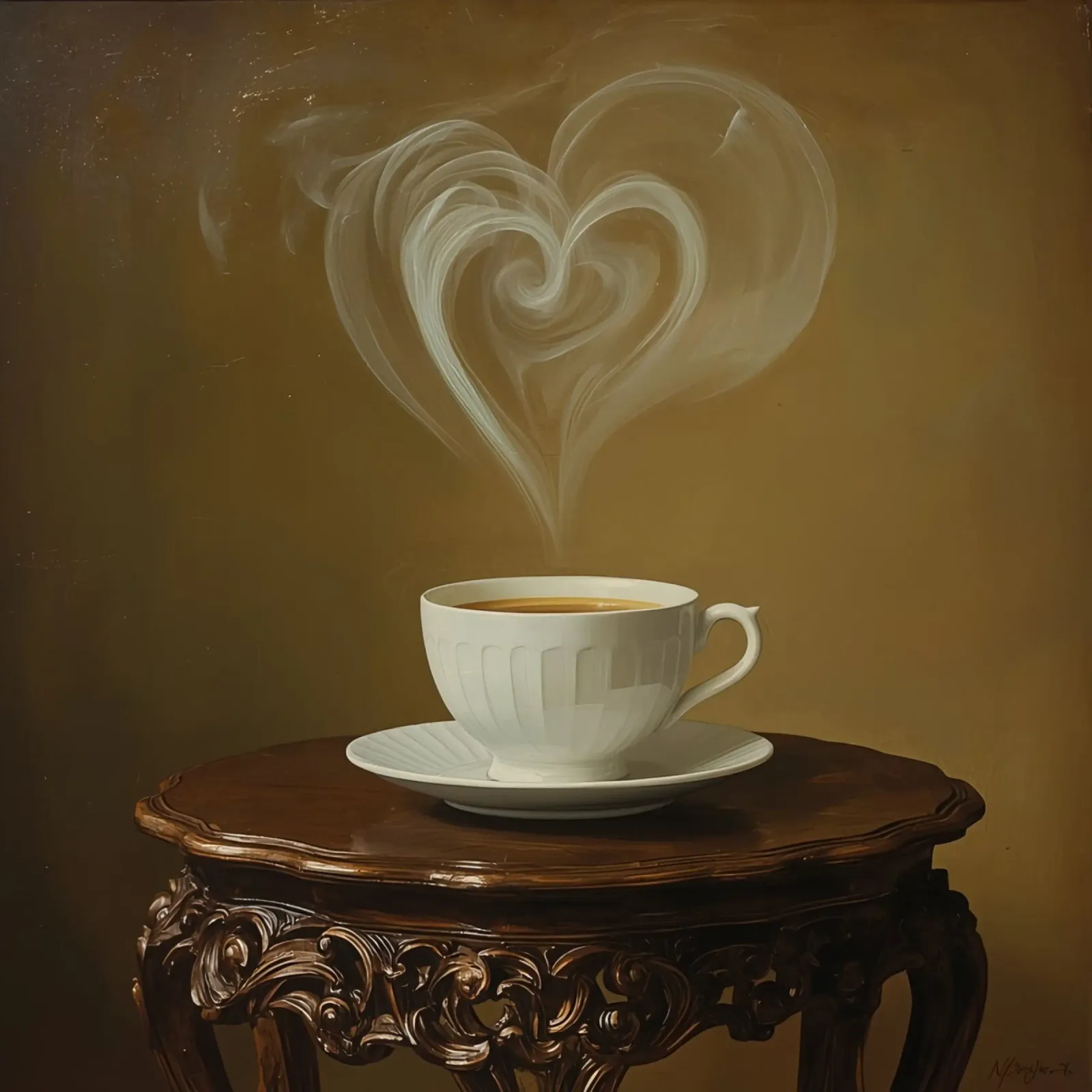 Tazza di caffè con vapore a forma di cuore sul tavolo poster con telaio in legno da DesignDoodle