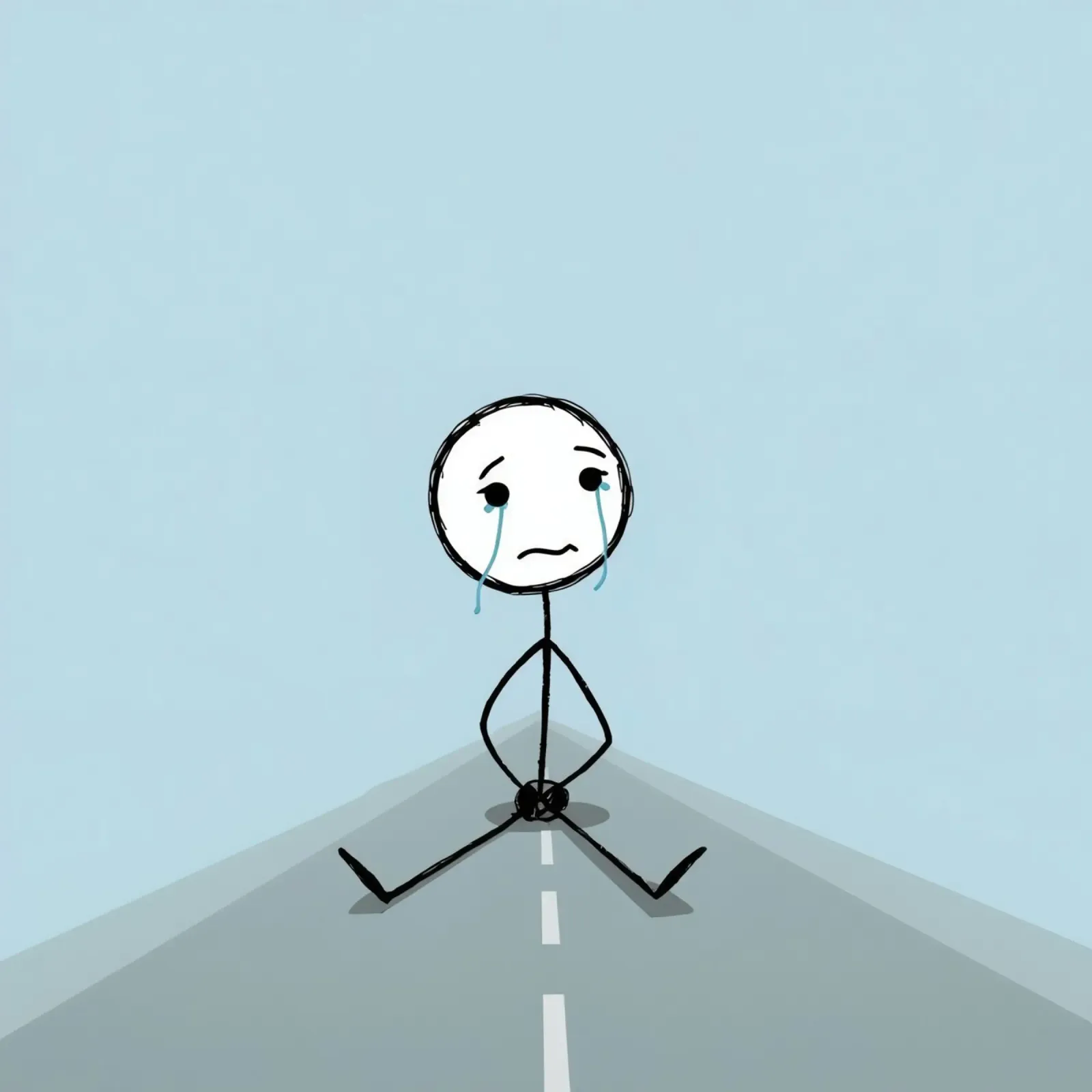 Figura di bastone piangente seduta su una strada grigia poster con telaio in plastica da DesignDoodle
