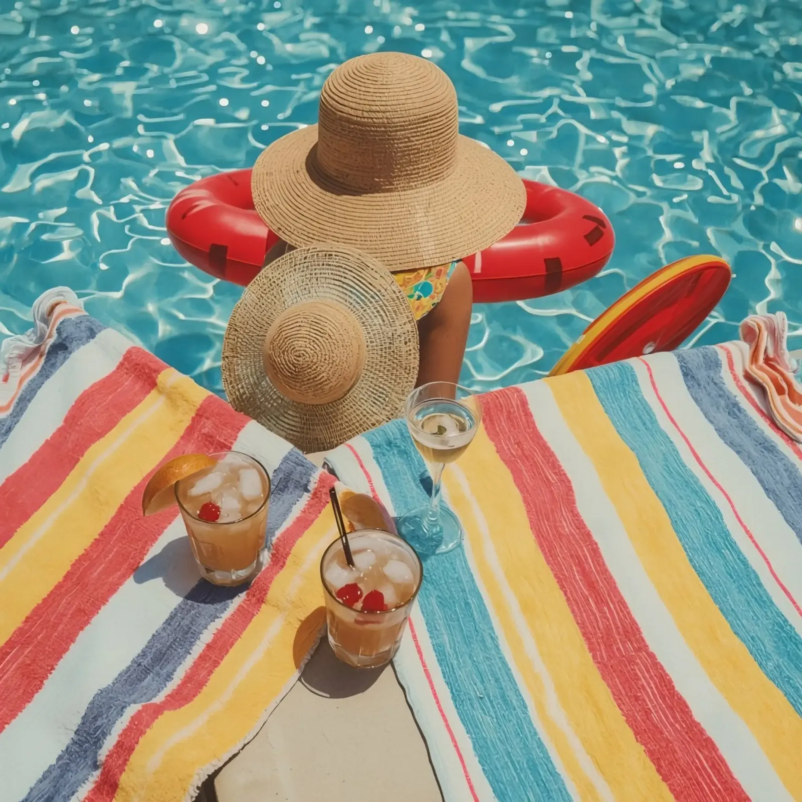 Drinks Hats and Pool Float Beside Swimming Pool canvas with Floater frame by DesignDoodle