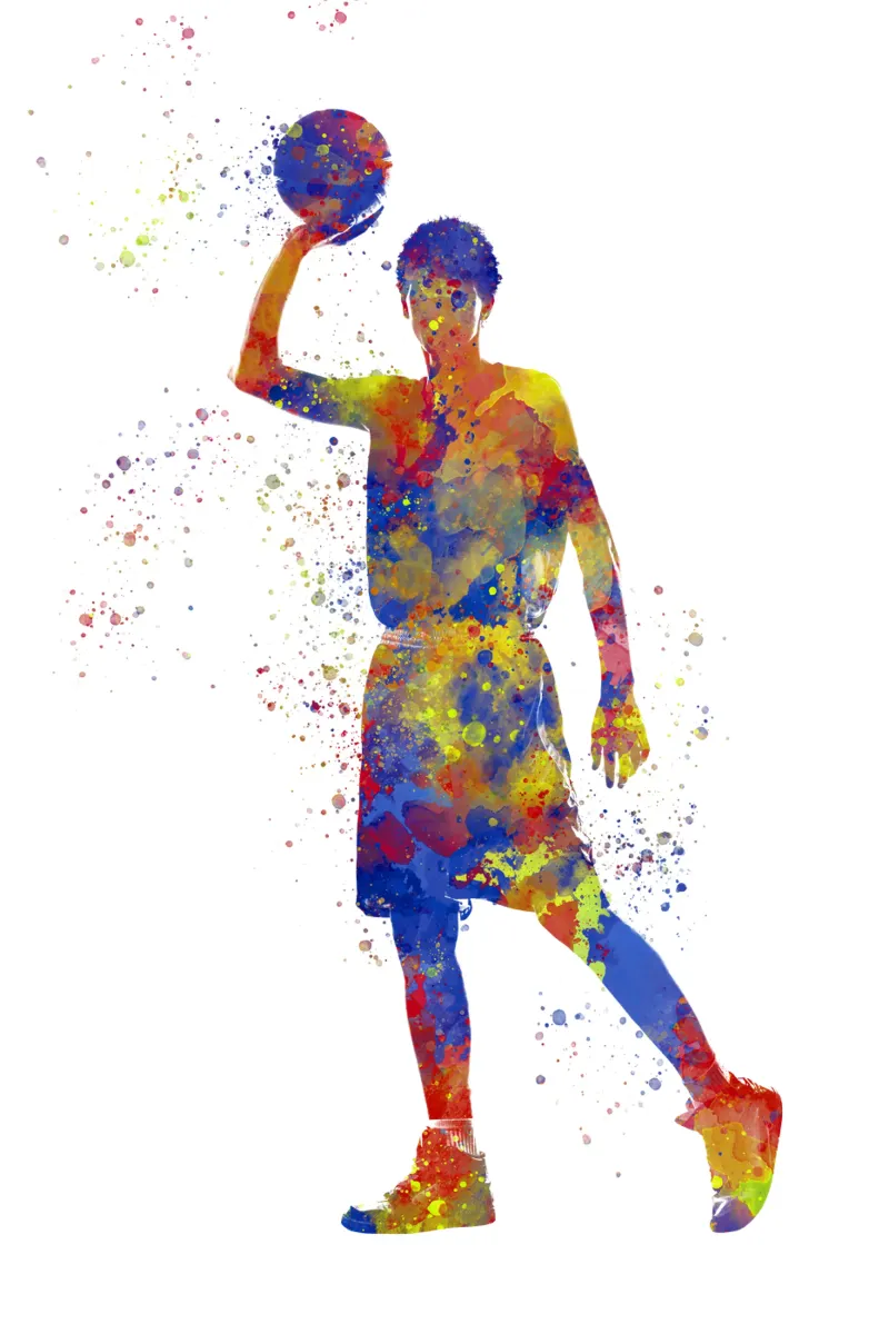 Giocatore di basket ad acquerello poster con telaio in legno da ⚽ Sports Pulse