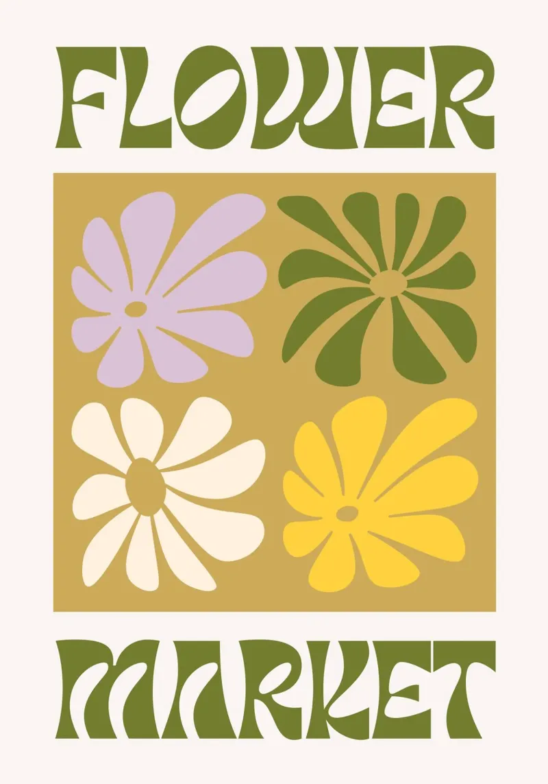 Bloemenmarkt - Retro Groovy Bloemen Kunstdruk canvas met Baklijst van homdeco