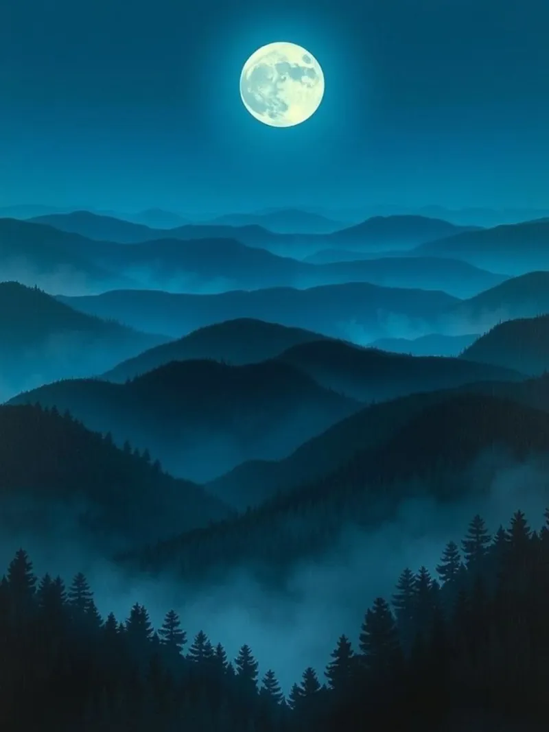 A Luminous Full Moon Illuminating the Mystical Blue Mountain canvas with Floater frame by Artistic-shop