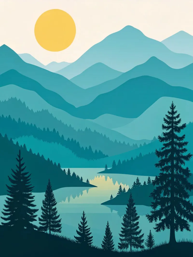 Tranquillo Azure Peaks: Paesaggio montano e lacustre a strati poster con telaio in alluminio da Artistic-shop