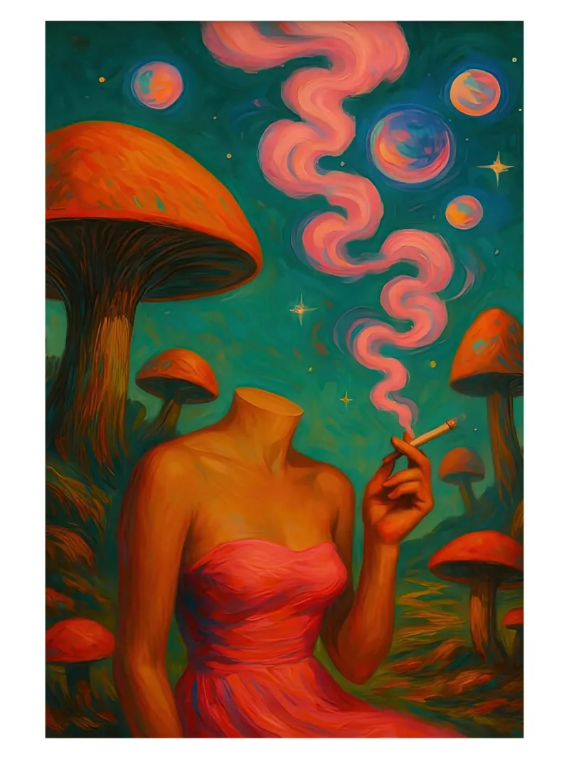Fungo retrò surreale Cannabis poster con telaio in legno da Ryley Smith traveler